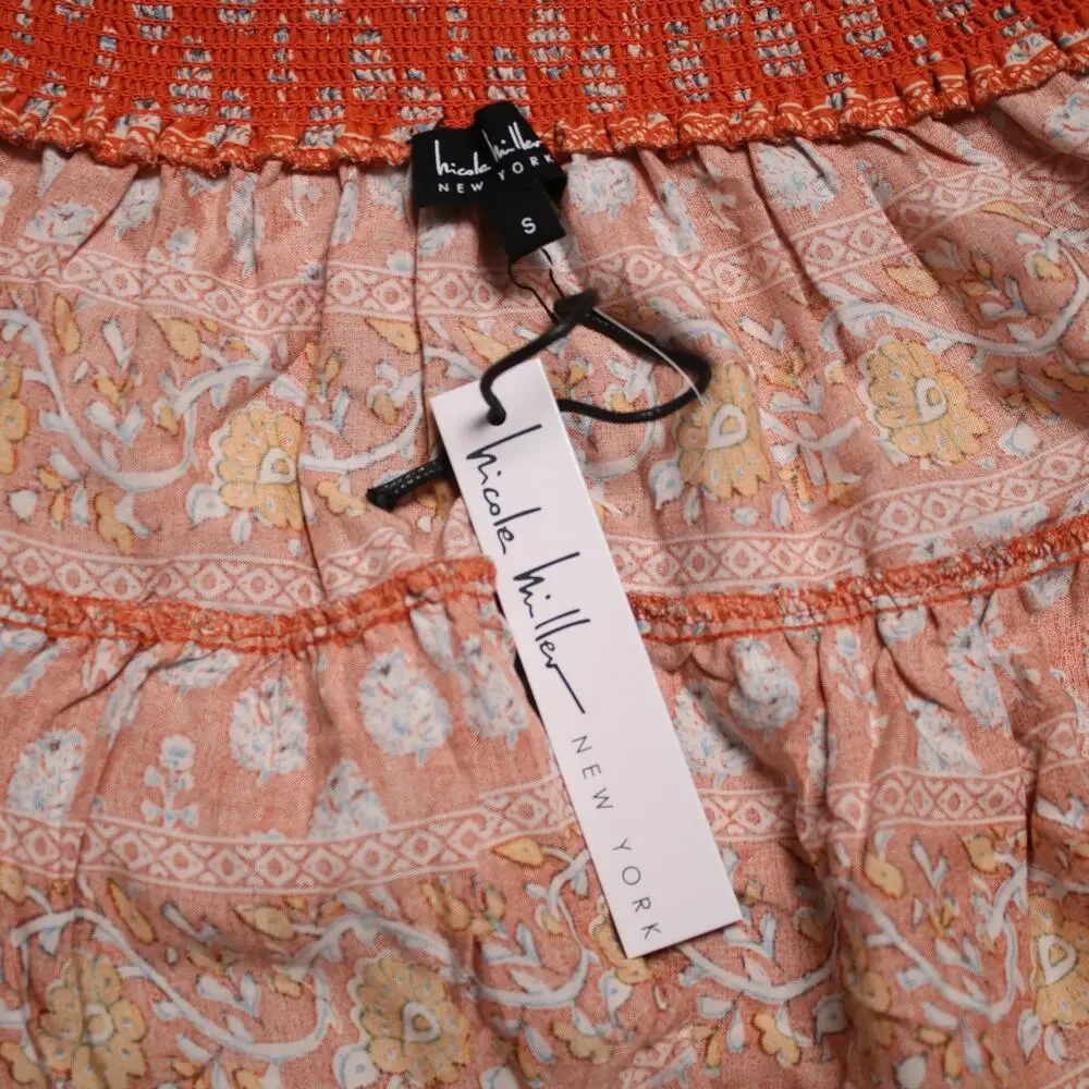 Nicole Miller Mini Skirt Orange Yellow Floral Ruffle Boho Cottagecore Chic Sze S